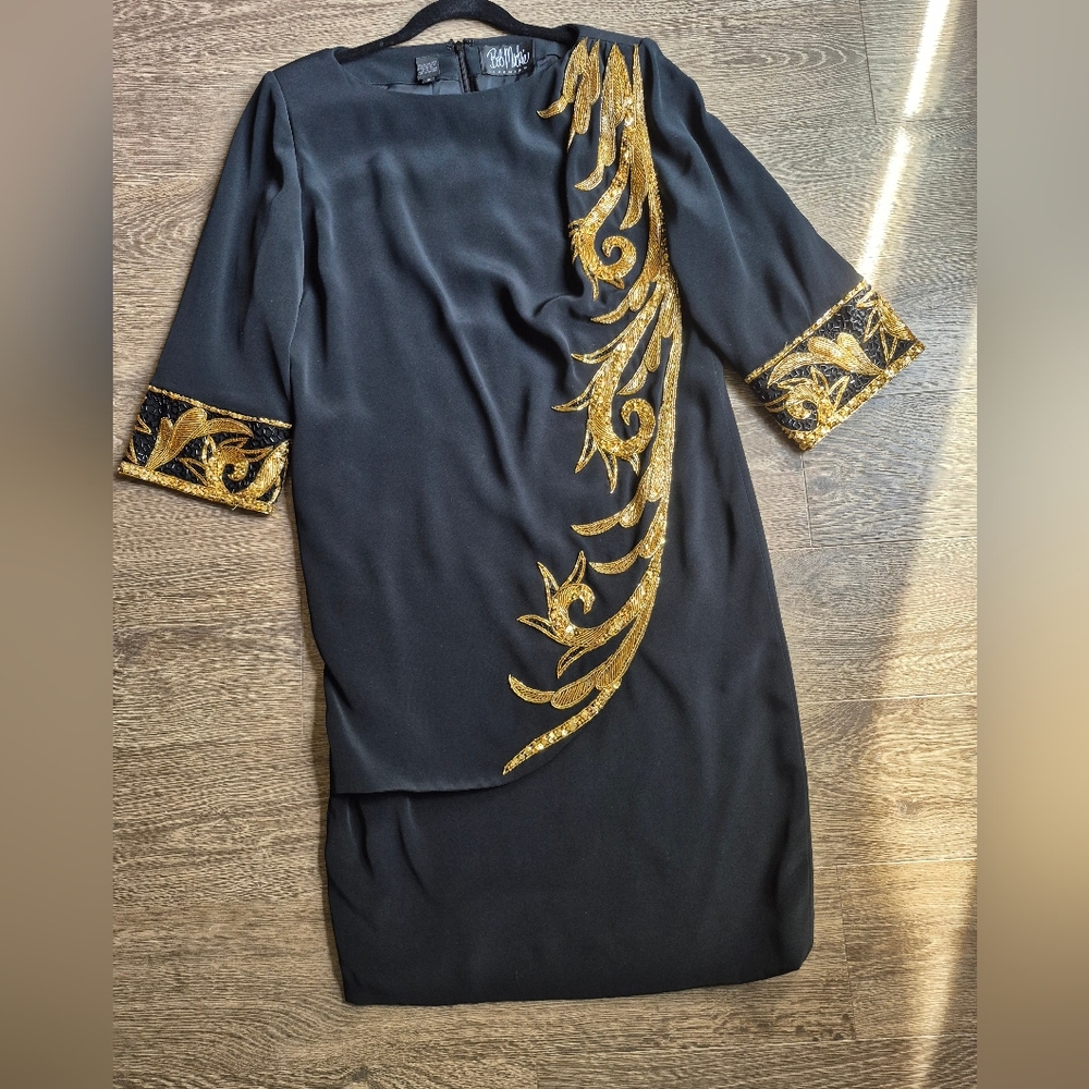 Bob Mackie Vintage Black + Gold Embellished Beaded Midi Dress Size 10